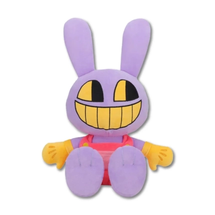 長い耳と大きな黄色の目、大きく歯を見せた笑顔が特徴の紫色のウサギ型ぬいぐるみ