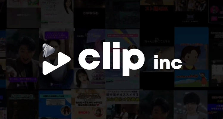 「clip inc」のロゴとプレイボタンが中央に配置され、背景には様々なジャンルの動画コンテンツのサムネイルが多数表示されている画像