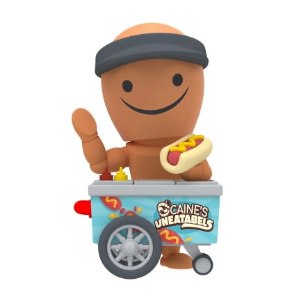 バイザーをかぶった茶色の笑顔のキャラクターが、ホットドッグカートの前に立ってホットドッグを持っているフィギュア