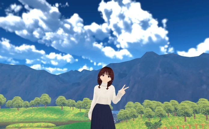 アニメ調の少女が、青い空と白い雲、緑豊かな丘と遠くの山々が広がる美しい自然の中でピースサインをしている様子を描いた画像です。