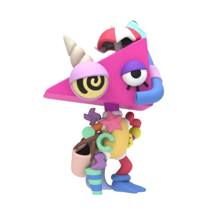 ピンクの三角の頭が特徴的な、カラフルで抽象的なキャラクターフィギュアです