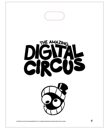 白いショッピングバッグに「THE AMAZING DIGITAL CIRCUS」のロゴと、帽子をかぶった笑顔のキャラクターが描かれています