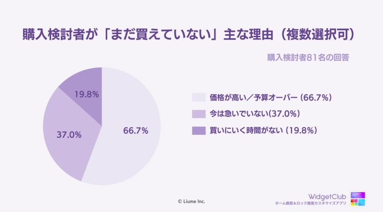 購入検討者が「まだ買えていない」主な理由（複数選択可）を示す円グラフ