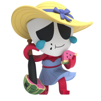 麦わら帽子をかぶり、水色のワンピースを着た可愛らしいキャラクターの3Dレンダリング画像です