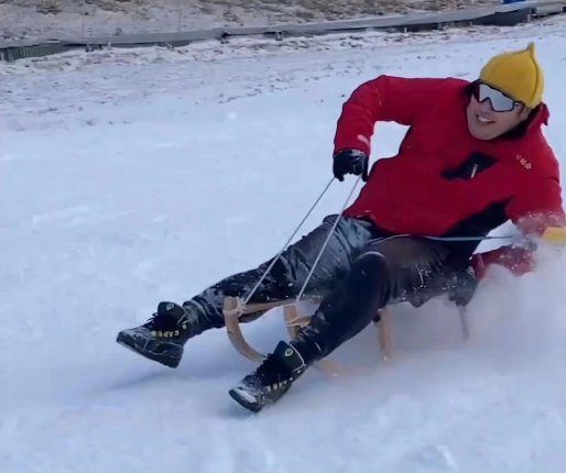 男性がソリで滑り降りる様子