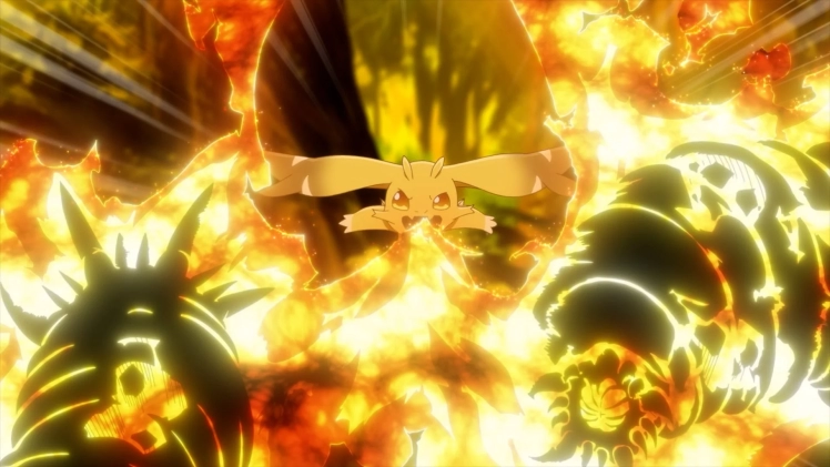 炎に包まれたモンスターとキャラクター