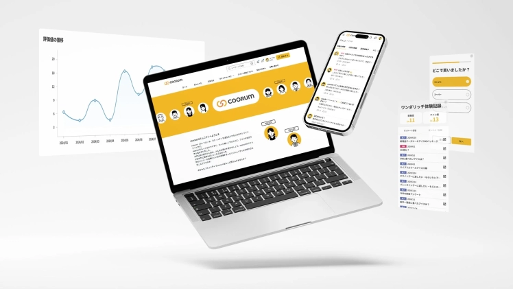 ノートPCとスマホにオンラインコミュニティ「coorum」のウェブサービス画面、および評価値の推移グラフが表示されている